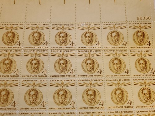 US Postage 4c Stamp Sheet of 70 Stamps Simon Bolivar 1958 - Picture 4 of 8
