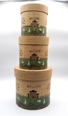 Primitive Folk Art Round Stacking Boxes Set of 3 Crackle Finish Salt Box House