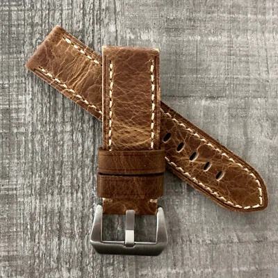 Bracelet De Montre En Cuir Vintage Marron De 24Mm Pour OFFICINE PANERAI PAM - Photo 1/4