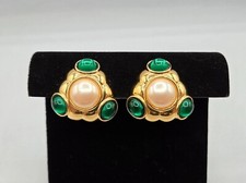80s Monet Clip on Earrings Gold Tone Chunky Cabochon Pearl Green Gem Signed