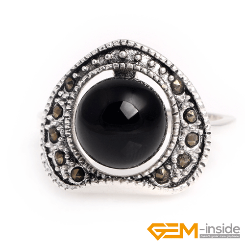 Natural Gemstone Charms Rings Jewelry Tibetan Silver Marcasite Women Gift 6#-8# - Picture 7 of 43