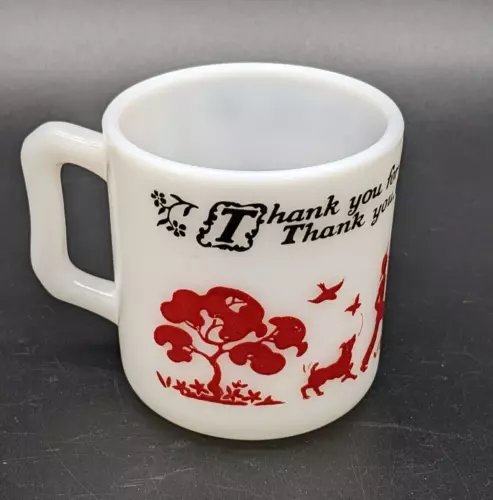 Hazel Atlas Child's Cup Mug Milk Glass Thank you God for Everything