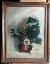 Oil Painting Still Life Ilex With Thistle 1982 Signed Illegibly Flowers