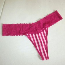 VICTORIA'S SECRET Cotton Lace Waist Thong Panty Size XL Pink Stripe Rare nwt