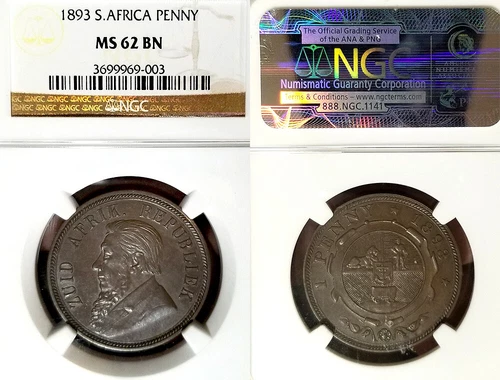 South Africa 1893 Penny, Ext Rare, Superb Certified  NGC 62 BN, Key Date, Beauty