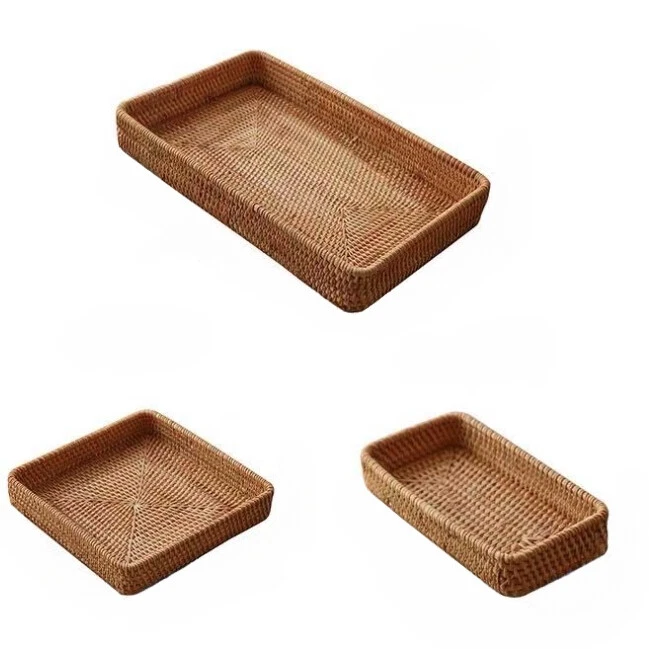 Vintage Rattan Serving Tray Hand Woven Wicker Cosmetic Storage Organizer Basket - Image 3 of 4