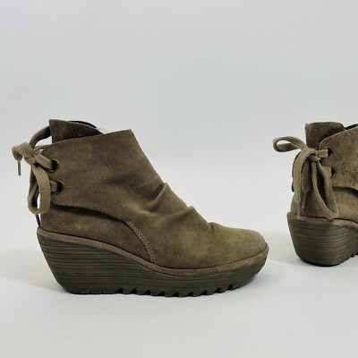 Fly London Yama Wedge Platform Bootie Suede Boot Women's 39 Taupe Slouch Bow
