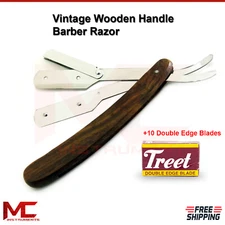 Folding Barber Straight Edge Shaving Razor Cut Throat Pocket Knife Wood Handle 