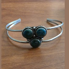 Vintage Southwestern Style Sterling Silver Cuff Bracelet Three Blue Green Stones