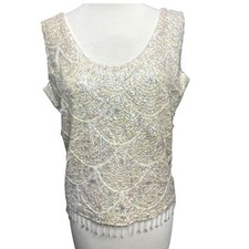 Vintage 60s Beaded Tank Top M Cream Sequin Iridescent Fringe Mod Party Elegant