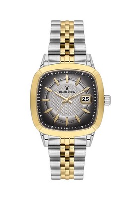 Mens 39mm Cushion Quartz Watch Steel Strap Silver and Gold Date calendar,