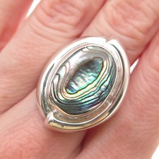 925 Sterling Silver Vintage Mexico Real Abalone Shell Modernist Ring Size 7.25