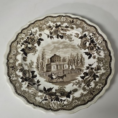 Water Works Philadelphia 9'' Dinner Plate Brown Transfer Jacksons Warranted 1830s