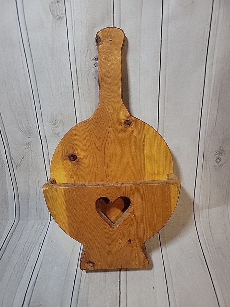 Vtg Wood Paper Plate Holder 19”x10” Medium Tone Heart Cut Outs