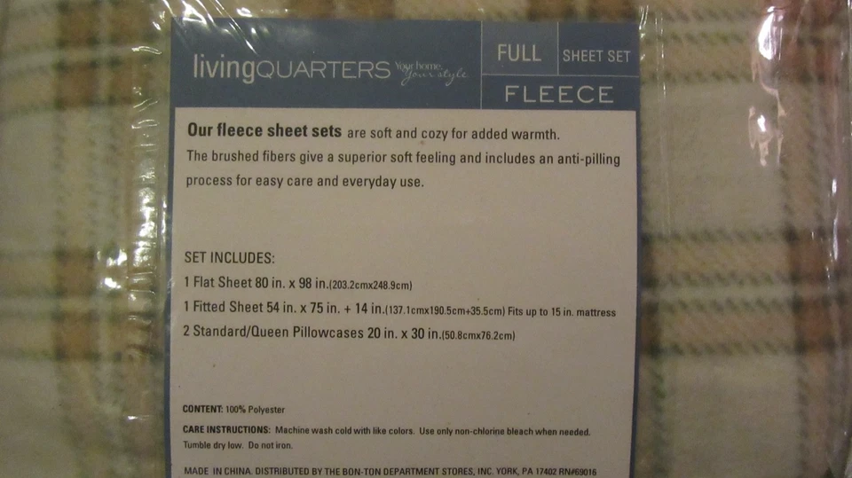 Juego de sábanas de vellón cepillado completo Living Quarters marfil tostado verde a cuadros clima frío Foto 4 de 4
