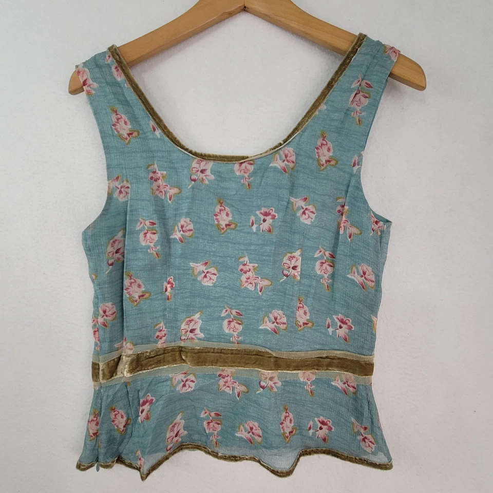 Intuitions 复古蓝色粉红色花卉丝绸串珠无袖背心 6 码 — 第 2/4 张图片