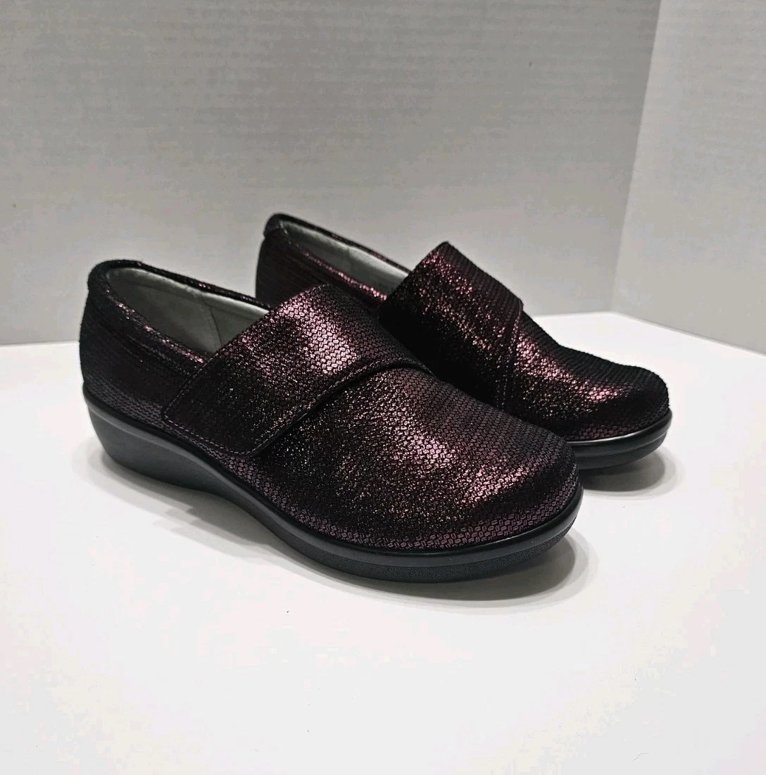 Alegria Shoes Womens 37W Slip On w Adjustable Strap Comfort Metallic Purple