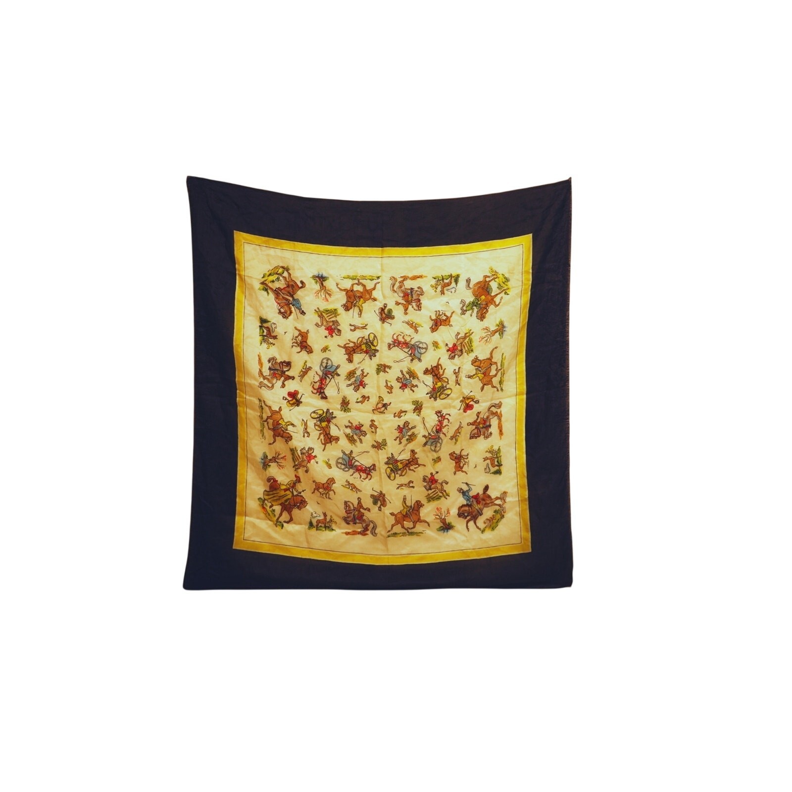 Navy and gold equestrian fox hunt carriage print silk scarf