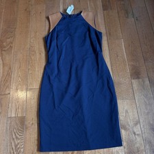 NWT Womens Lauren Ralph Lauren Leather Shoulder Trim Dress Navy Blue Brown sz 6