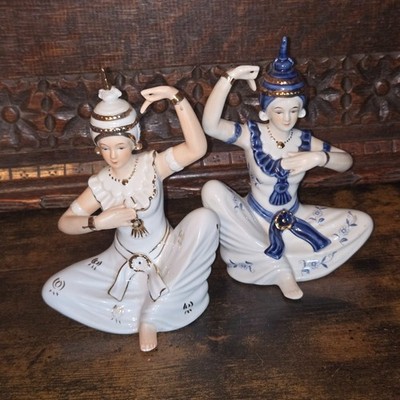 Pair Of Vintage Thai Temple Dancers Gold & White & Blue - Ceramic Ornaments 5.5 