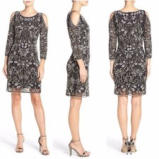 NEW Pisarro Nights Embellished Mesh Cold-Shoulder Sheath Dress SZ 2 N670