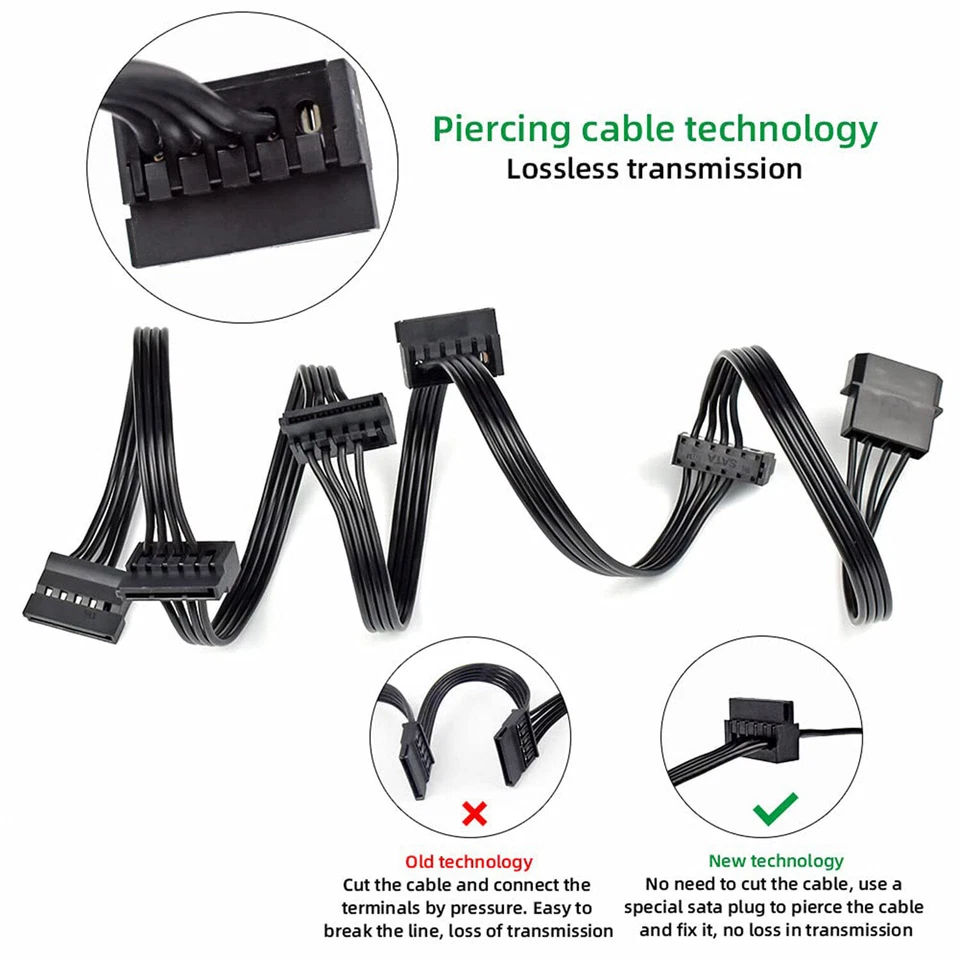 2x Molex 4 Pin IDE Male to 5x 15Pin SATA Female Power Extension Hard Drive Cable - Image 4 of 4