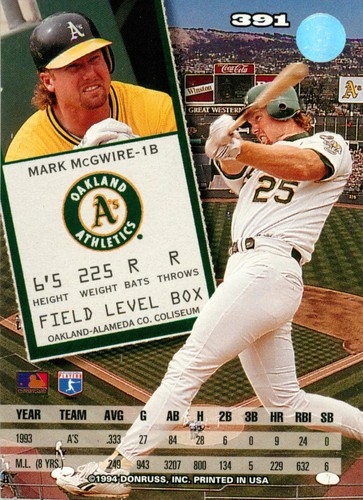 1994 Oakland Athletics Baseball Leaf Card - Mark McGwire - Bild 2 von 3