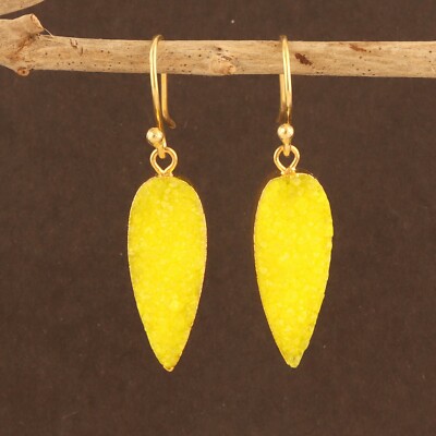 Pear Shape Yellow Sugar Druzy Gold Electroplated Handmade Drop Dangle Earrings 