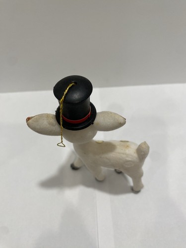 MCM Vintage Christmas Reindeer Ornament Flocked Blue Eyed Top Hat Retro - Picture 7 of 8