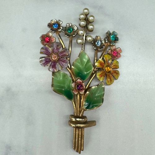 Large Coro Enamel Flower Brooch with Faux Pearl Accents - Picture 11 of 13