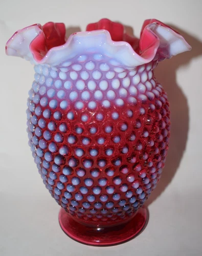Fenton Glass Cranberry Opalescent  Hobnail Vase Crimped/Ruffled Rim 8" ca. 1940