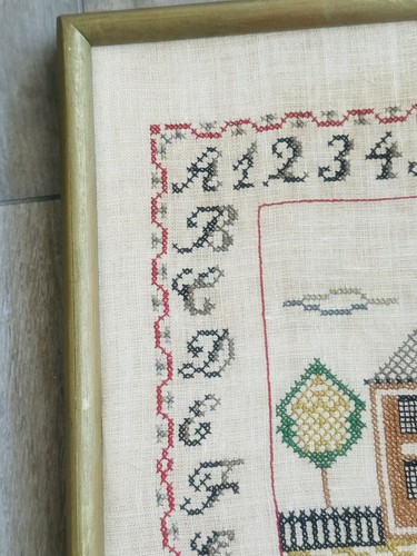 Vtg Cross Stitch Sampler Finished Schoolhouse Teacher Wood Framed - Picture 5 of 7