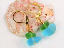 SEA GLASS Frosted Caribbean Blue Green Gold Dangle Earrings Beach USA HANDMADE