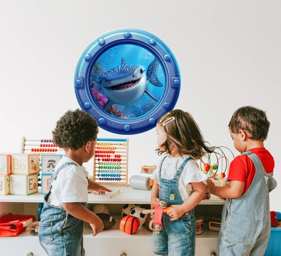 Whale Shark Cartoon Porthole 3D Window Wall Decal Removable Wall Sticker - Image 3 of 4