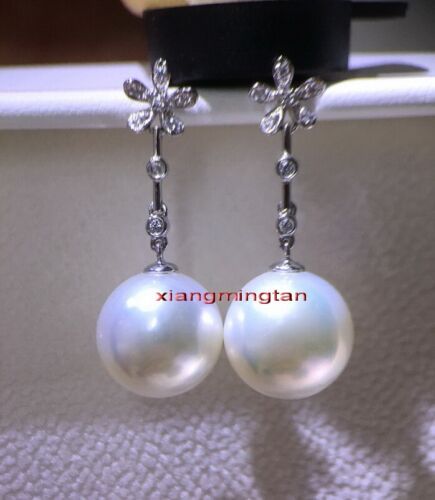 Top natural real 18K GOLD diamond 12-13MM SOUTH SEA white PEARL Dangle EARRINGS - Picture 2 of 5