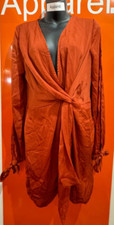 Pretty Little Thing Satin Twist Front Open Sleeve Wrap Dress, Rust, Size 14, B23