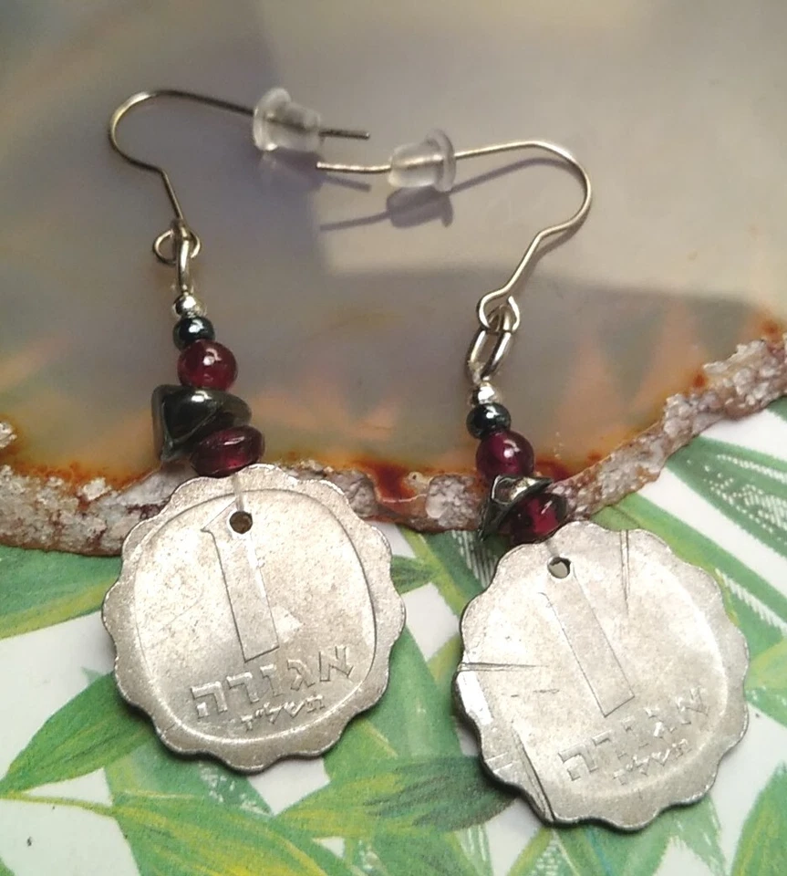 Pendientes moneda Israel 1 ágora orejas de cebada, hematita y cuentas de piedra roja! Foto 4 de 4