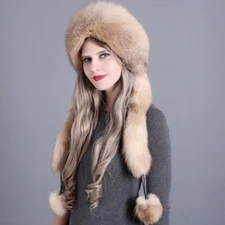 Women Real Fox Fur Hat Fluffy Winter Ear Cap Warmer Ski Ushanka Cossack Outdoor