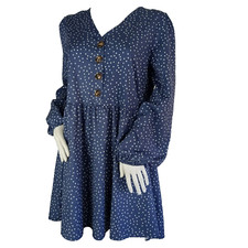 Shein Women's Babydoll Dress Size Medium Blue White Polka Dots V-Neck Buttons