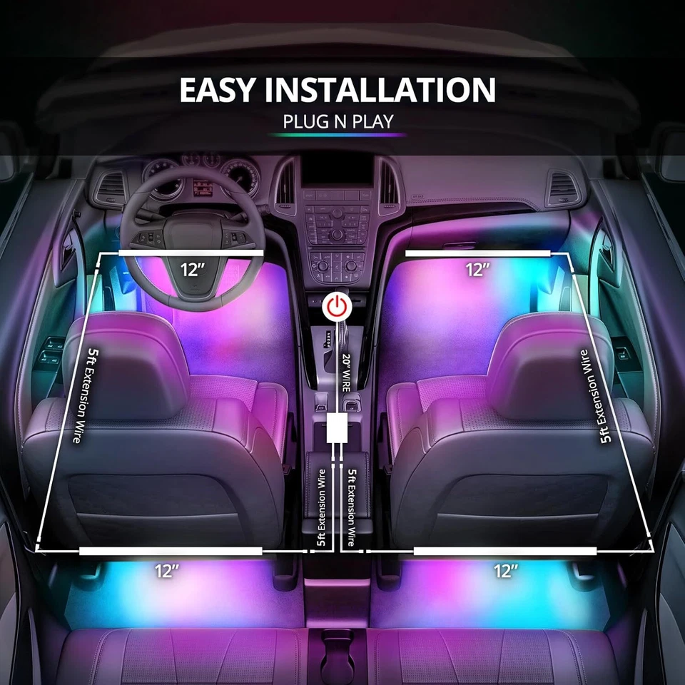 4x DreamColor LED Coche Interior Atmósfera Doble Tira Luces APP Control Remoto Foto 4 de 4