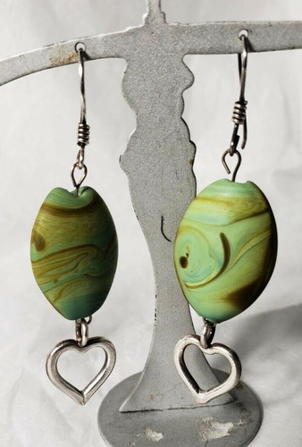 92.5 sterling silver long earrings, beautiful heart charm w/green clay beads, - Picture 2 of 2