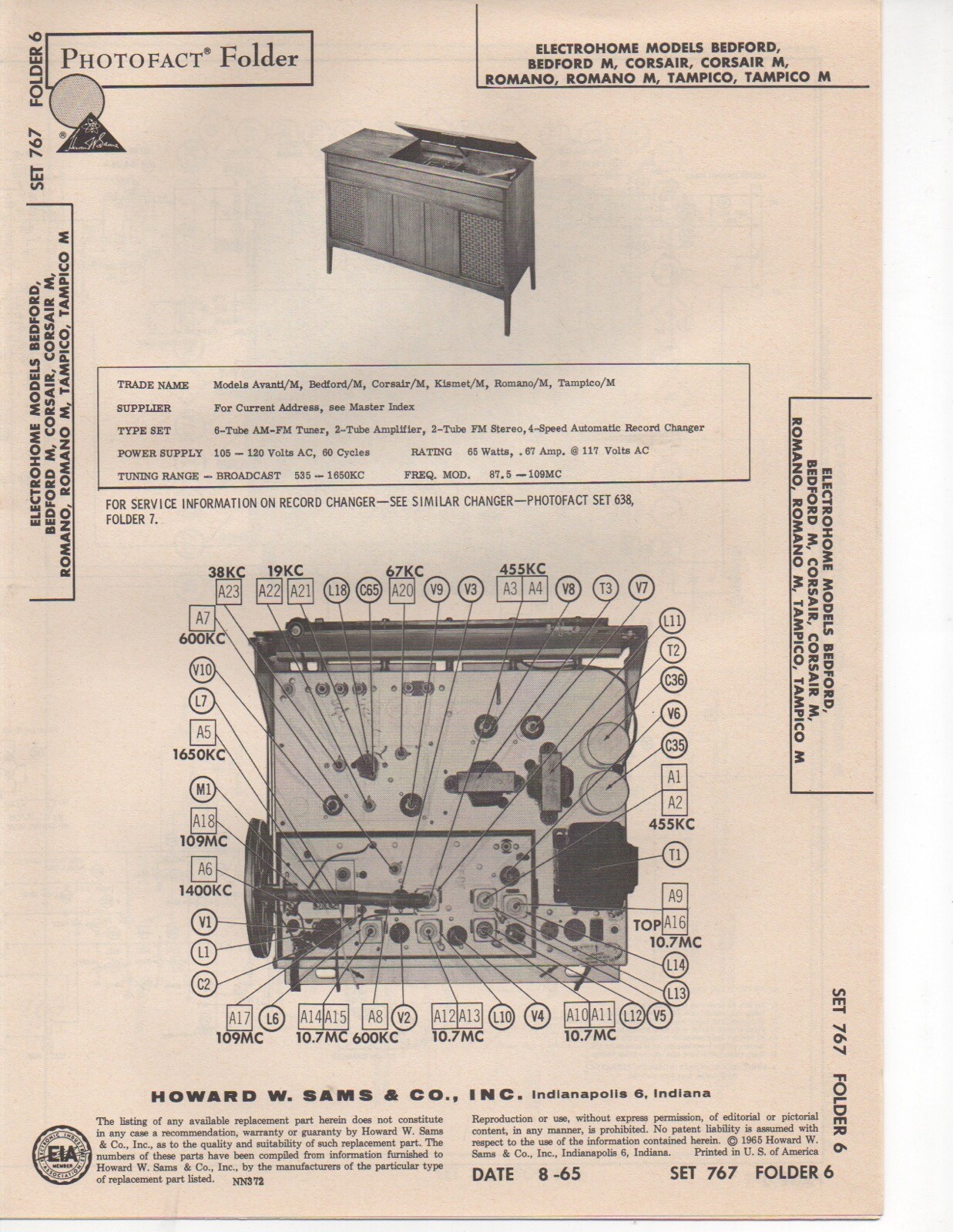 1965 ELECTROHOME BEFORD M CORSAIR ROMANO TAMPICO RADIO SERVICE MANUAL PHOTOFACT