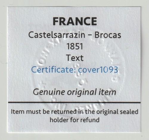 Francia cubierta sin sello - 1851 Castelsarrazin - Brocas - Texto - XF - Cubierta1093 - Imagen 3 de 4