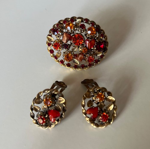 Vintage Austria ROSSO/ARANCIO/ORO strass e CUORI ROSSI/MARRONI GP SPILLA/ORECCHINI - Foto 12 di 16