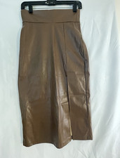 SHEIN Women's Brown Faux Leather High Rise Pencil Midi Skirt S Zip Slit