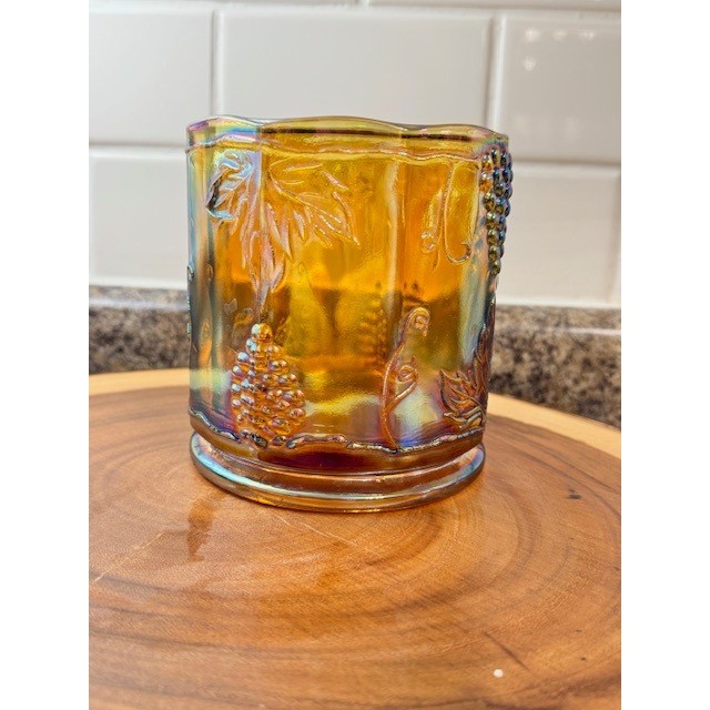 Vintage Marigold Carnival Glass Grape and Leaf Tumbler Iridescent Amber 5in