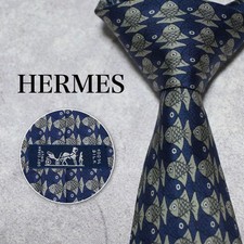 USED Tie HERMES navy allover fish tie Japan