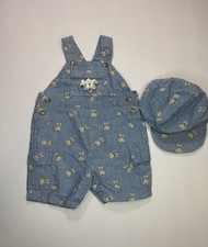 NWT Vintage Baby Overalls Set 3-6M Puppy Dog Chambray Romper Hat 2Pc