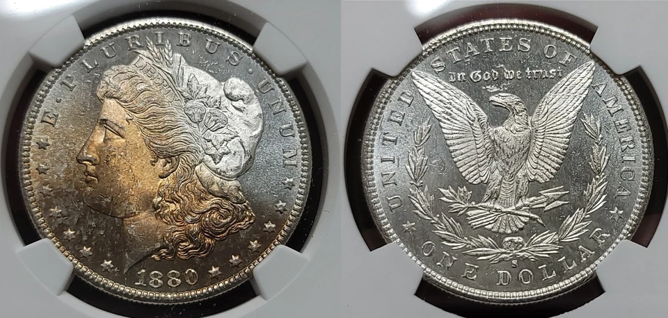 Dólar de plata Morgan 1880 S $1 NGC MS 65 ¡Tonificación dorada!