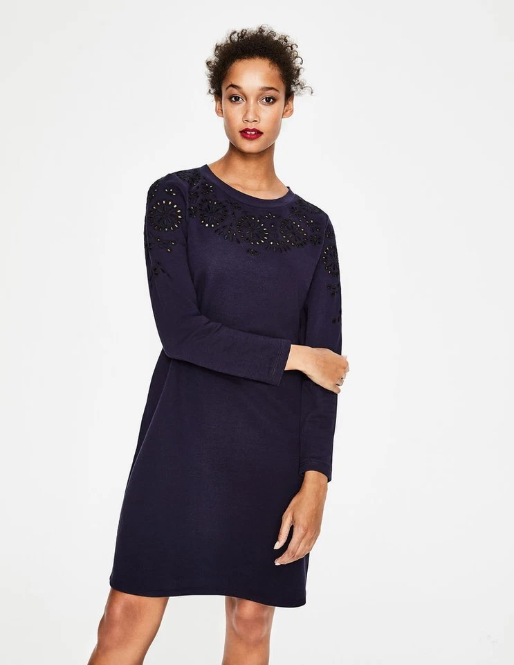 Boden Long Sleeve Sweatshirt Dress Womens Size 6 Navy Embroidered Eyelet Warm  - Image 2 of 4